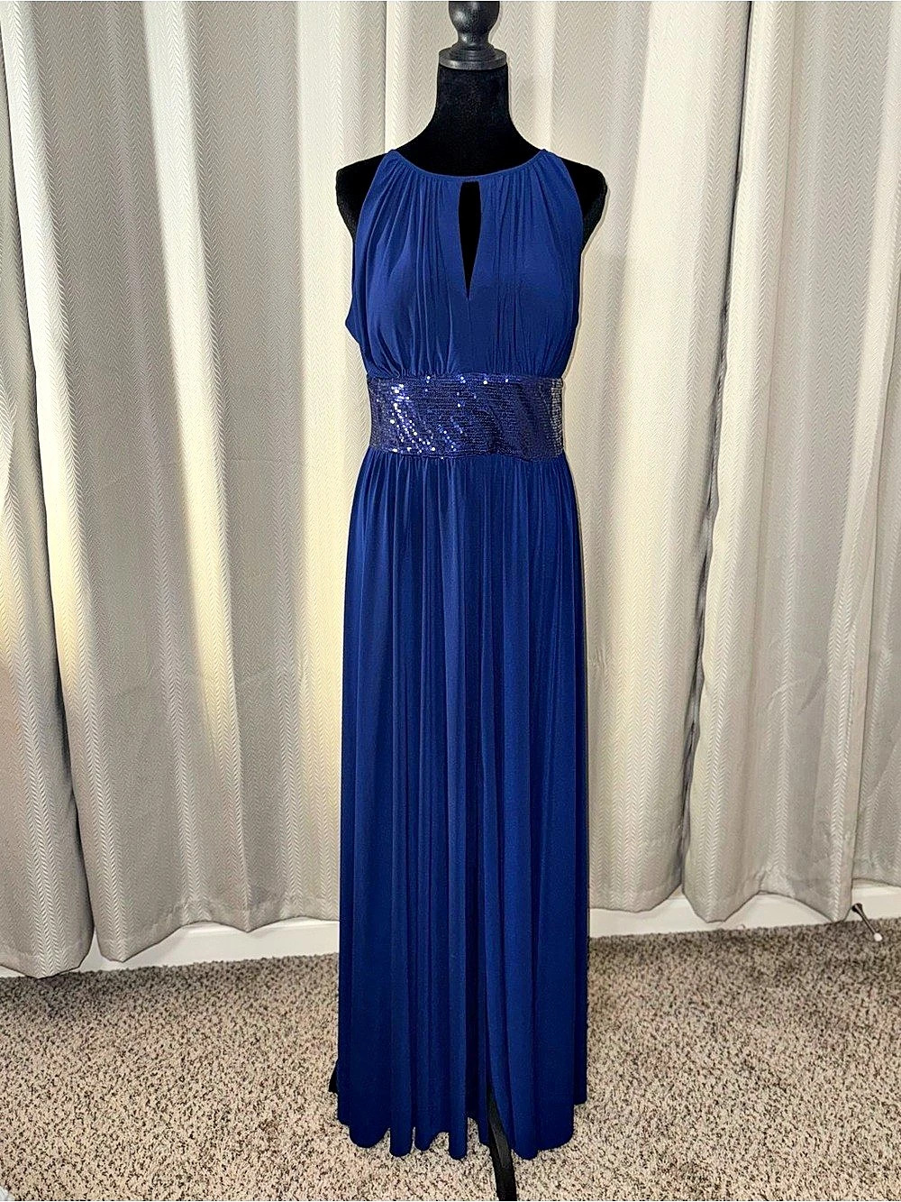 R&M Richards Pleated Sequin Waist Maxi Dress in Blue Size 12 Like New